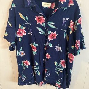 Jaclyn Smith Floral Button-Up Shirt - Navy and Pink